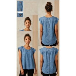 Rouge Collection Women's Blue Denim Button Back Cap Sleeve Top 1X